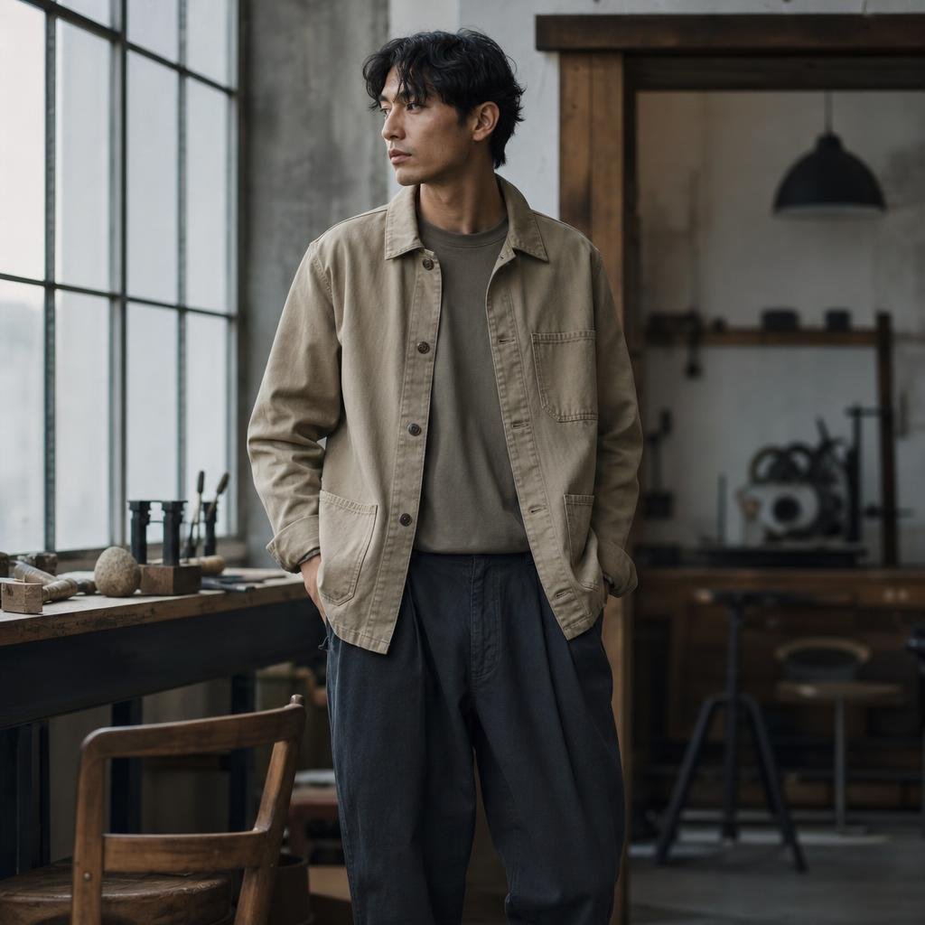 Person wearing a casual cotton chore jacket inside a contemporary workshop
