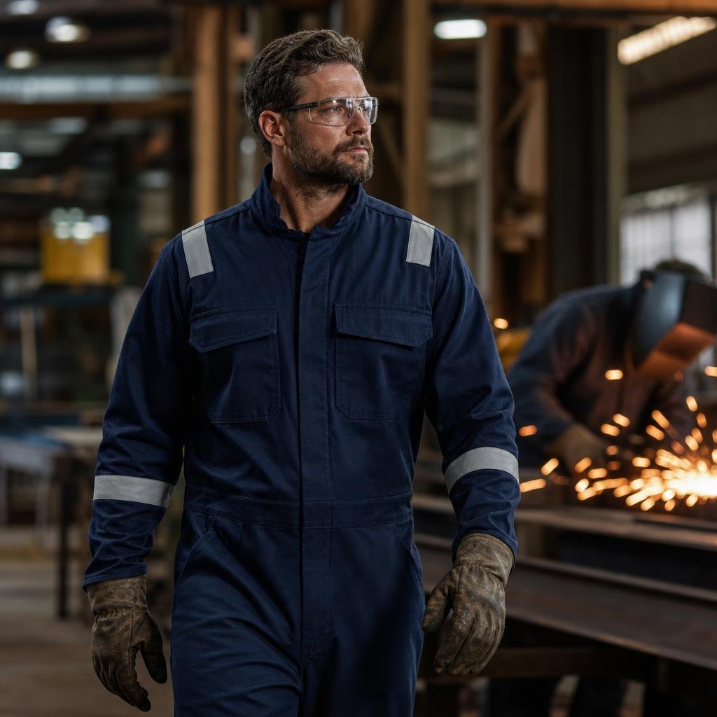 Worker wearing navy fire-resistant coveralls in a fabrication workshop
