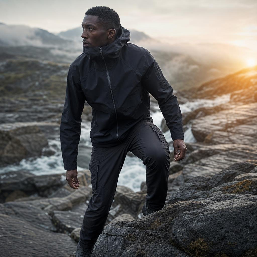 Person wearing a technical weatherproof jacket and functional cargo trousers