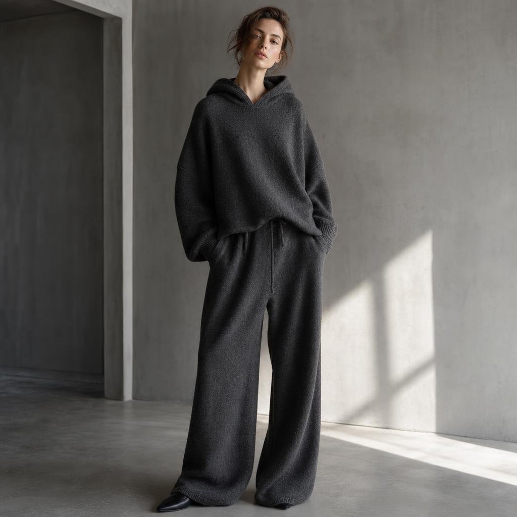 Woman wearing a premium charcoal knit hoodie and wide-leg knit trousers