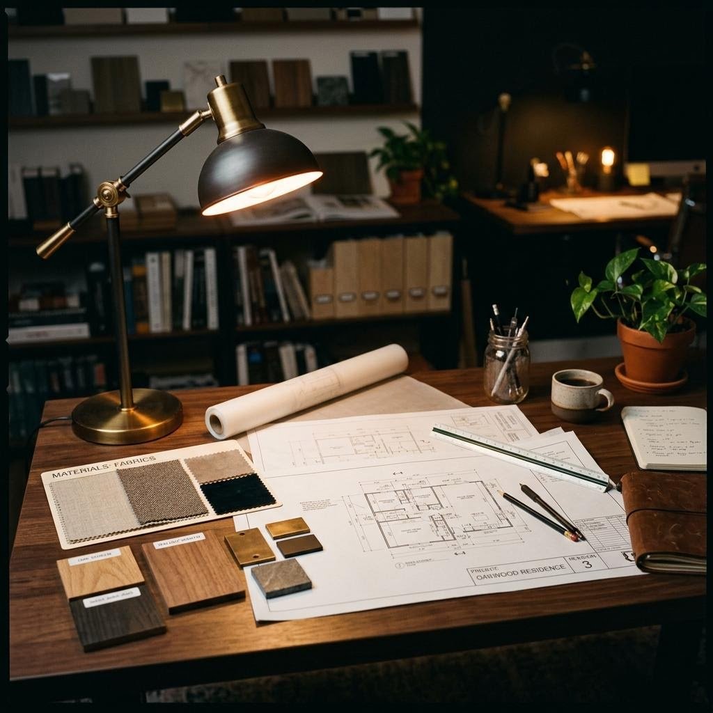 Apparel material swatches and production notes on a worktable
