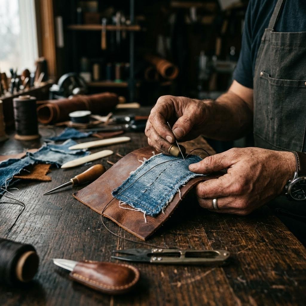 Design process on leather and denim swatches