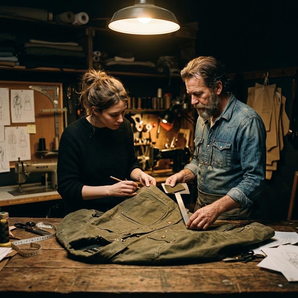 Designer and pattern maker reviewing a workwear garment in a workshop