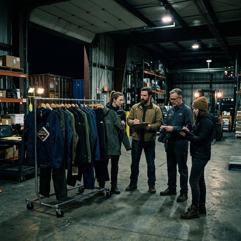 Team reviewing technical garments on a clothing rack